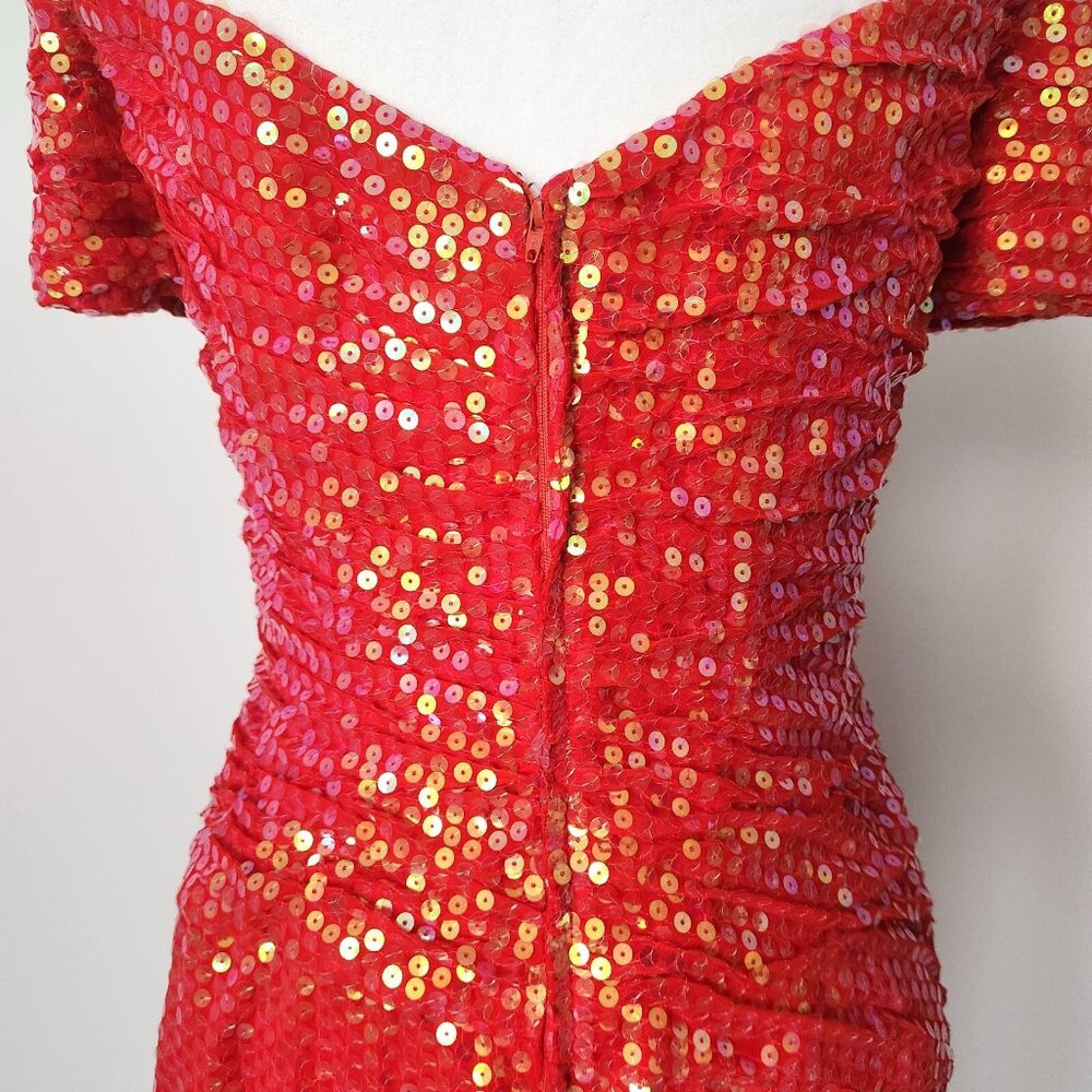 Vtg 90s Vicky Tiel Red Sequin Dress Sz‎ 44 Paris Couture Off Shoulder Cocktail - Picture 6 of 16